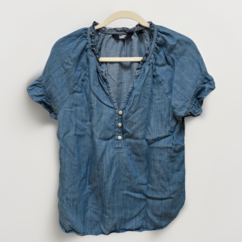 Land's End TENCEL™ Fiber Ruffle Blouse Chambray Blue Jeans Denim women’s Sz XS